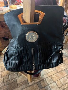 Michael Kors Black Leather Shoulder Bag with Gold Hardware